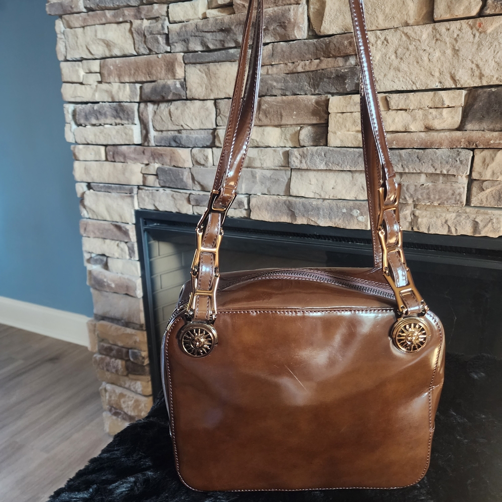 Authentic Versace Shiny Patent Leather Brown Shoulder Bag